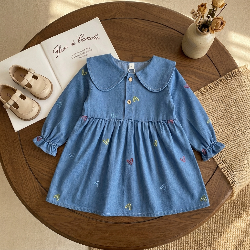 Light Blue girls denim-look heart embroidered frock displayed flat with a Peter Pan-style collar, gathered skirt, button placket and elasticated ruffle cuffs.