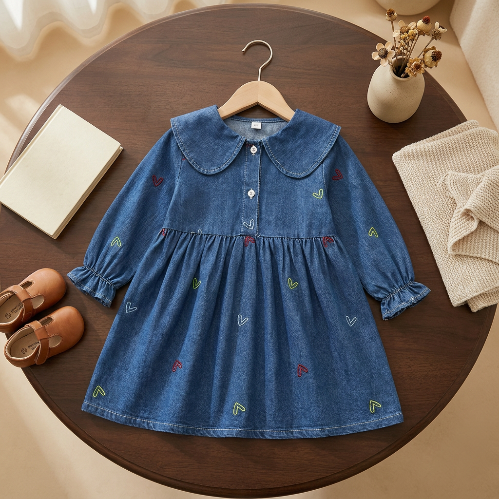 Blue girls denim-look long-sleeve frock laid flat on a round wooden table, featuring a wide rounded collar, white button front and colourful heart embroidery.