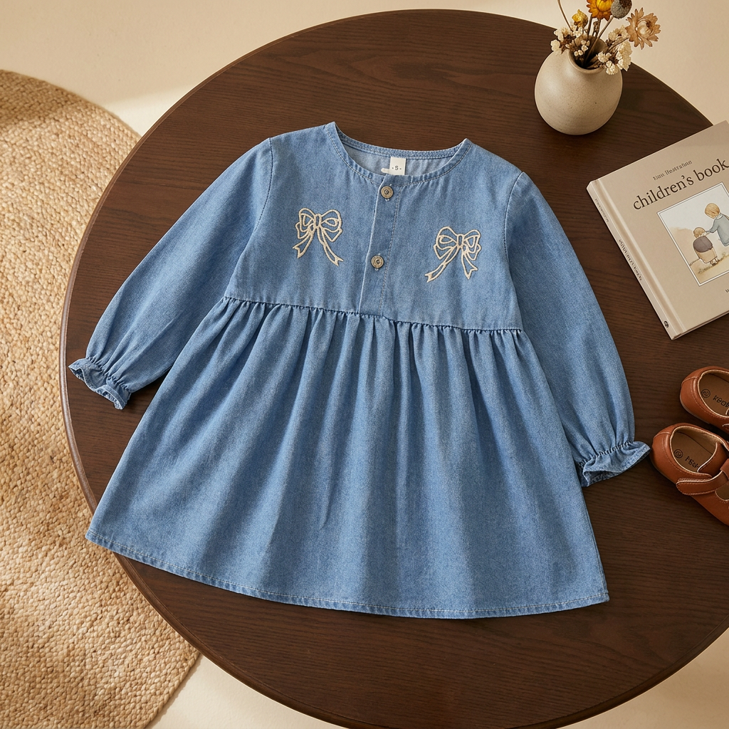 Light Blue girls denim-look frock laid flat on a round wooden table, featuring two embroidered chest bows, a button front and gathered skirt.