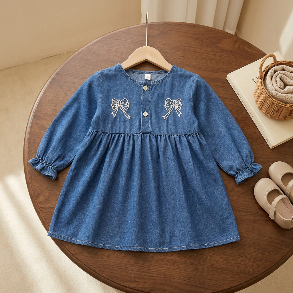 Blue girls denim-look long-sleeve frock displayed on a hanger, showing twin bow embroidery, round neckline, front buttons and elasticated cuffs.