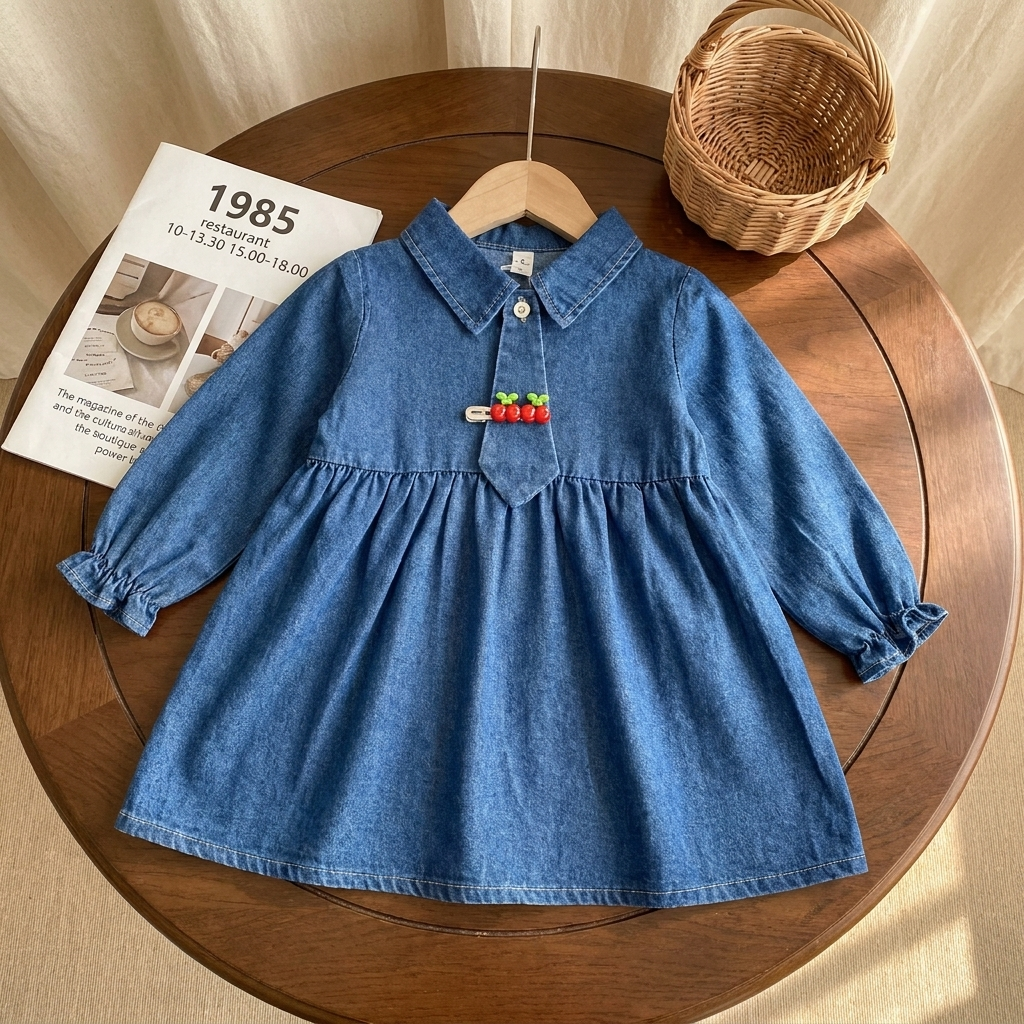 Blue girls denim-look frock displayed on a hanger over a wooden table, showing the pointed collar, buttoned front tie-style panel, colourful cherry pin and elasticated cuffs.
