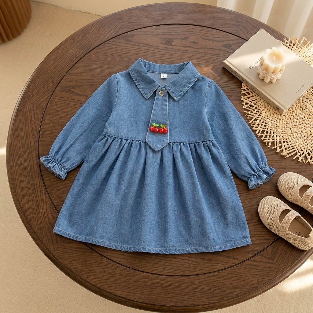Light Blue girls denim-look long-sleeve frock laid flat on a round wooden table, featuring a pointed collar, gathered skirt and cherry pin on the tie-style front panel.