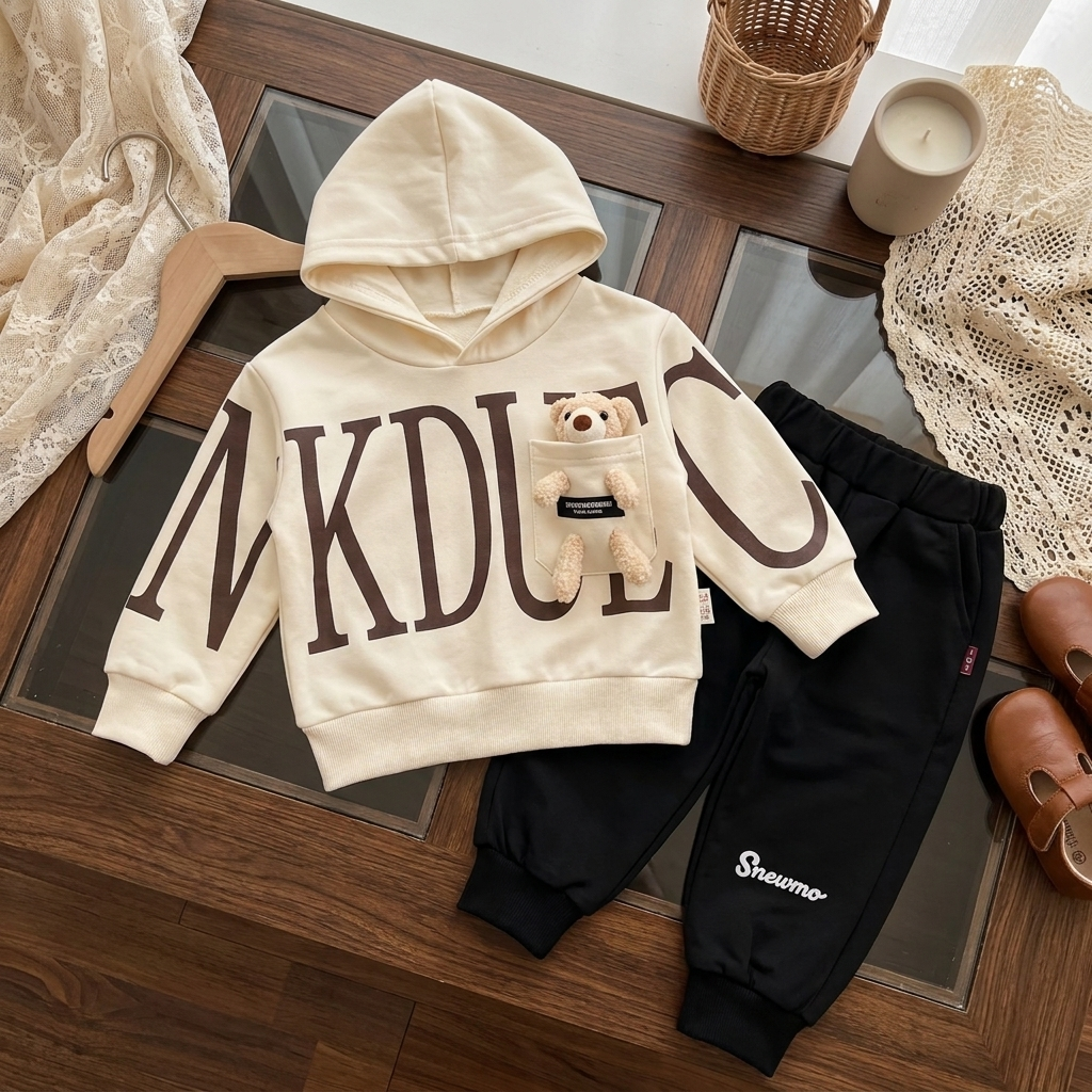 White boys hooded shirt and black cuffed trouser 2pc set displayed flat, featuring oversized Brown letter graphics and a teddy bear chest pocket.