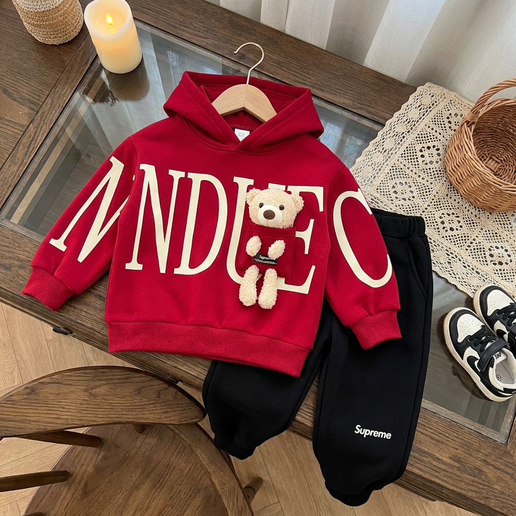 Red boys hooded shirt with large Cream graphic lettering and teddy bear pocket, paired with black cuffed trousers in a styled flat-lay presentation.