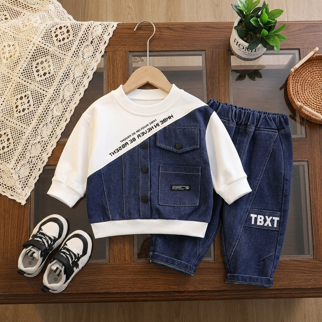 White boys long-sleeve shirt and Blue denim-look jogger pant 2pc set displayed on a hanger, featuring a diagonal buttoned denim panel and elastic waist pants.