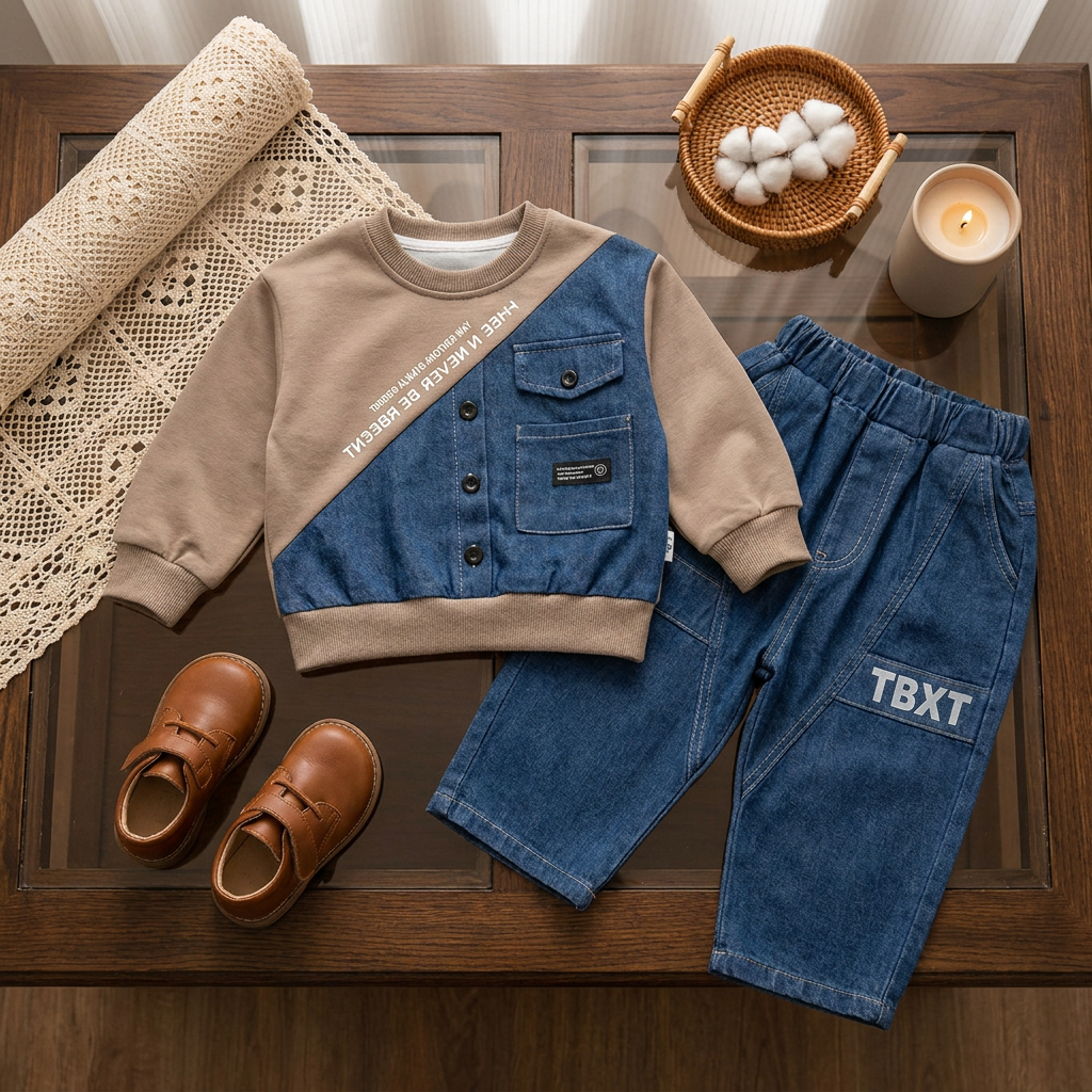 Brown boys long-sleeve shirt and Blue denim-look jogger pant 2pc set laid flat, showing diagonal denim front panel, buttoned pockets and TBXT leg print.