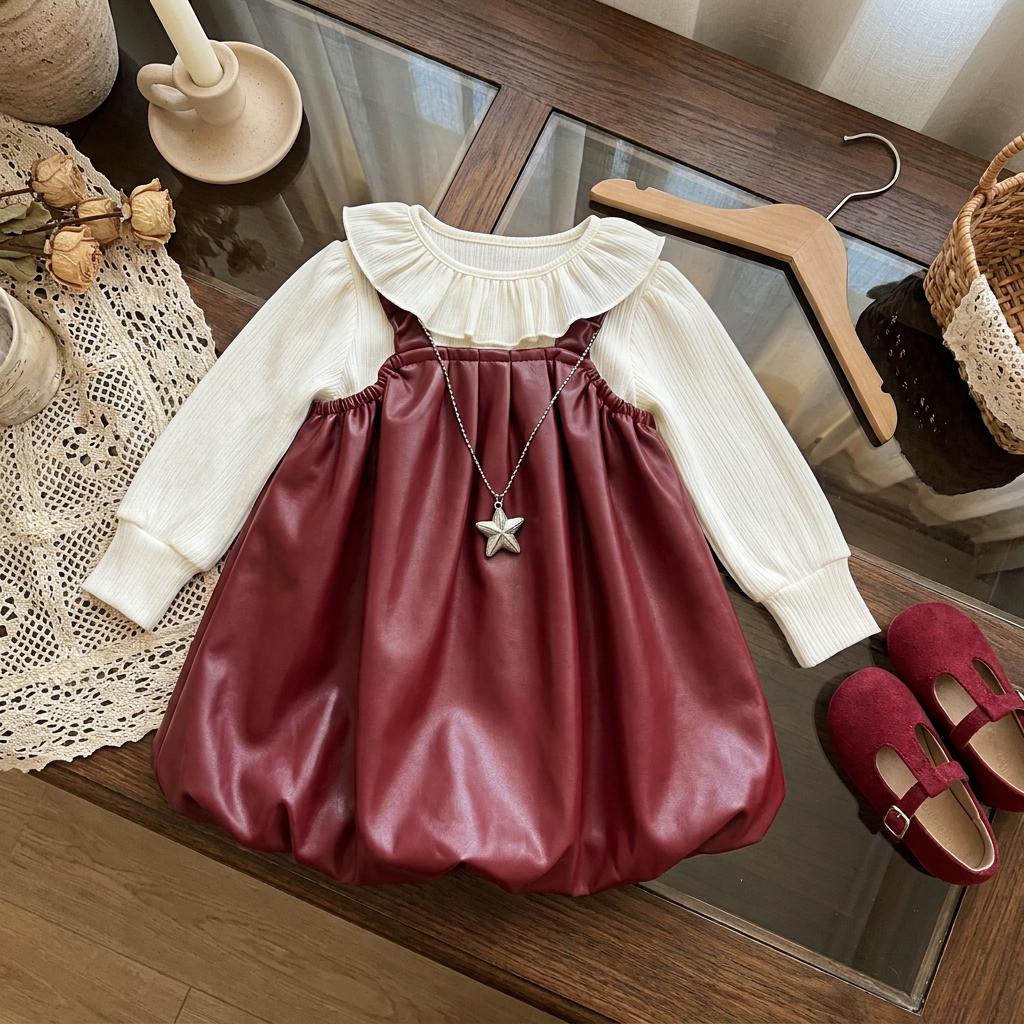 Maroon leather-look balloon frock with narrow straps layered over a Cream ribbed-look shirt with a wide ruffled collar.