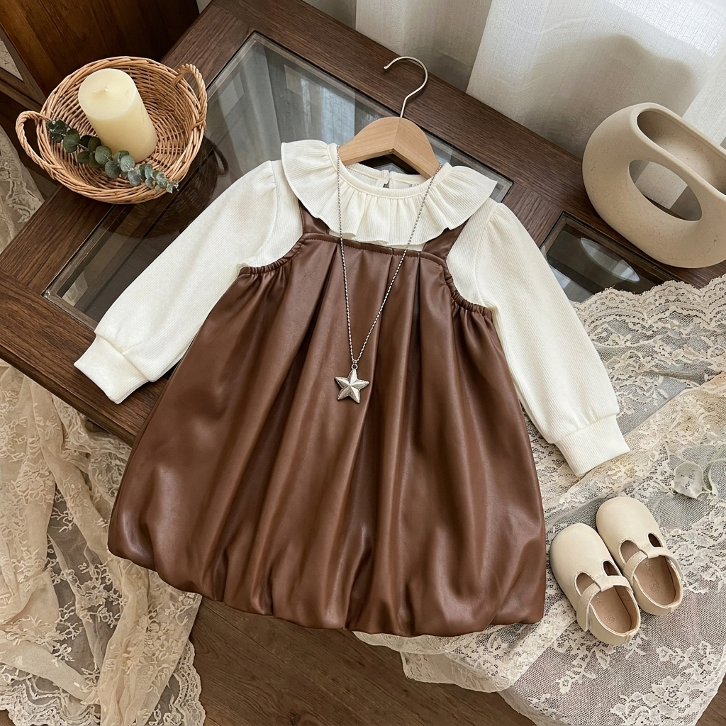 Brown leather-look gathered frock and Cream long-sleeve frilled-collar shirt displayed on a wooden hanger.