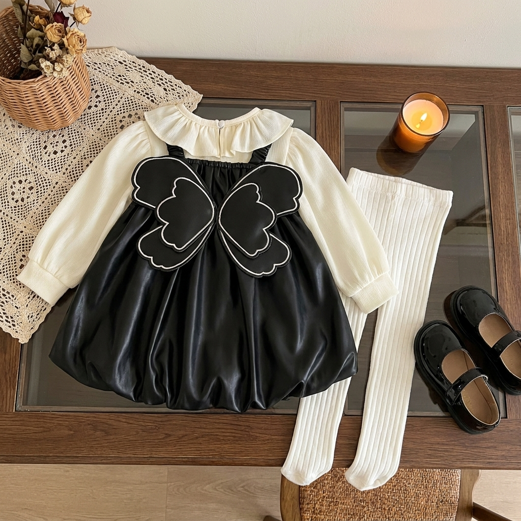 Back presentation of the Black leather-look frock and Cream shirt set, showing the large White-outlined butterfly applique and rounded gathered hem.