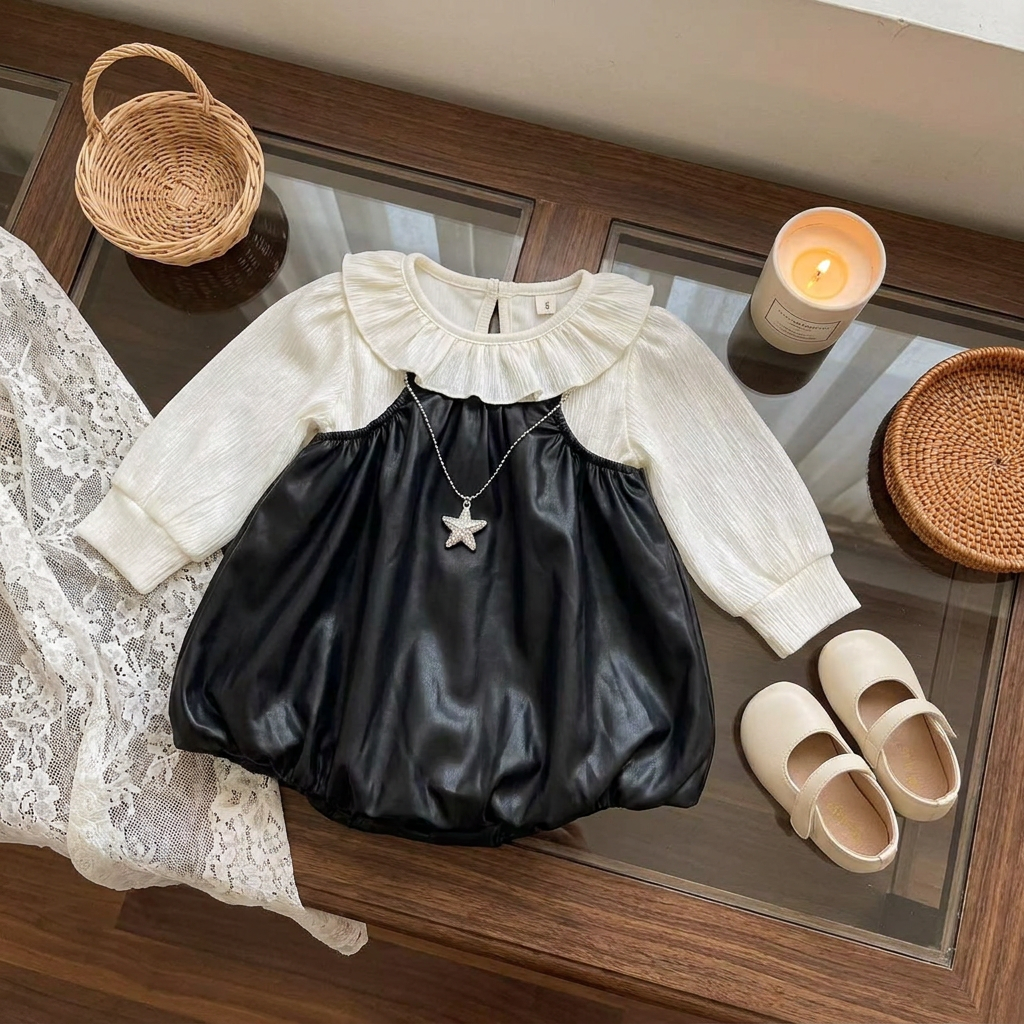 Black leather-look balloon frock layered over a Cream frilled-collar long-sleeve shirt, displayed flat with a star pendant styling accessory.