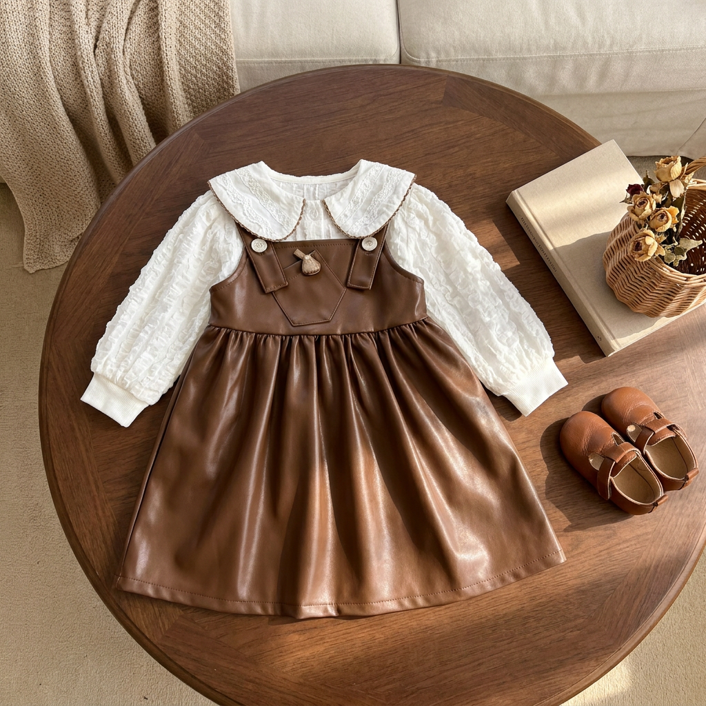 Brown leather-look pinafore frock and White long-sleeve Peter Pan collar shirt 2pc girls set, displayed with matching Brown buckle shoes.