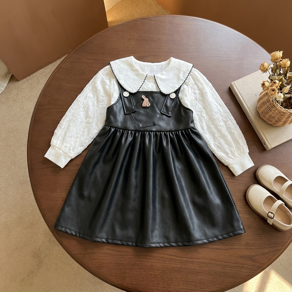 Black leather-look girls pinafore frock layered over a White textured long-sleeve shirt with rounded collar, styled flat lay on a round wooden table.