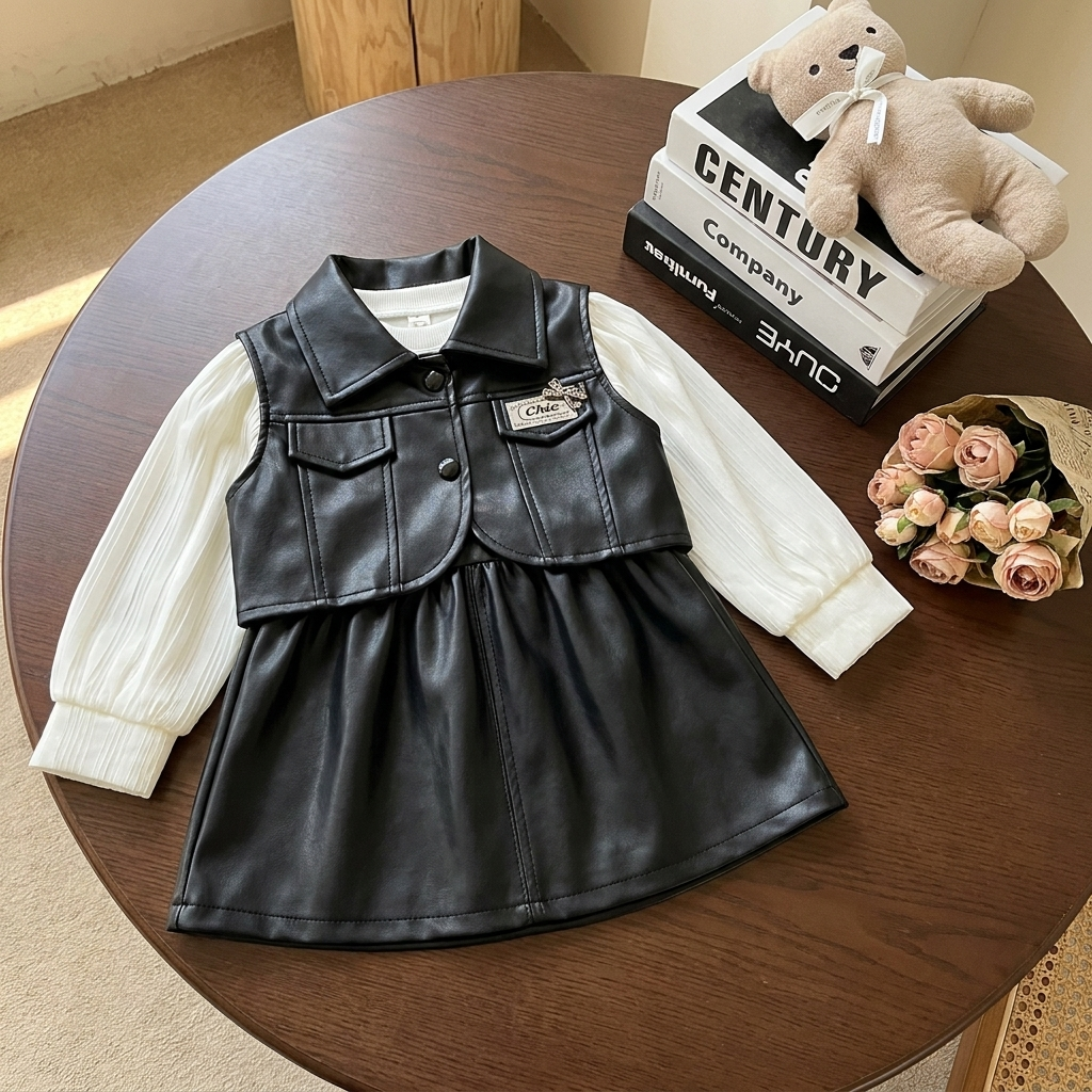 Black girls leather-look jacket and matching gathered frock set laid flat with Cream ribbed-look long sleeves, pointed collar and flap pockets.