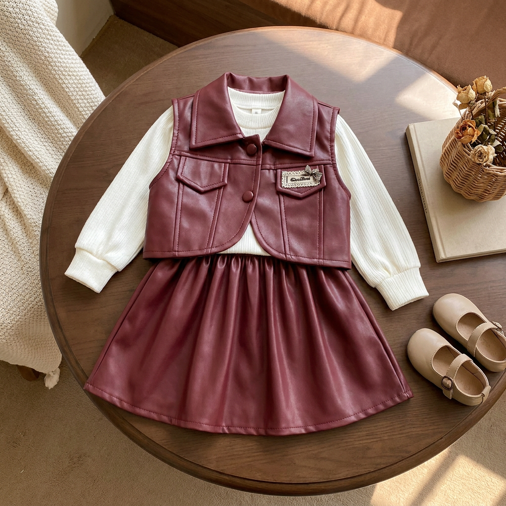 Maroon girls leather-look jacket and frock 2pc set displayed on a round table, showing the gathered skirt, matching buttons and chest patch.