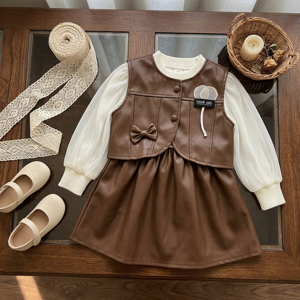 Brown leather-look girls jacket and gathered frock set laid flat, showing the curved sleeveless button jacket, decorative chest patch cord and Cream sleeves.