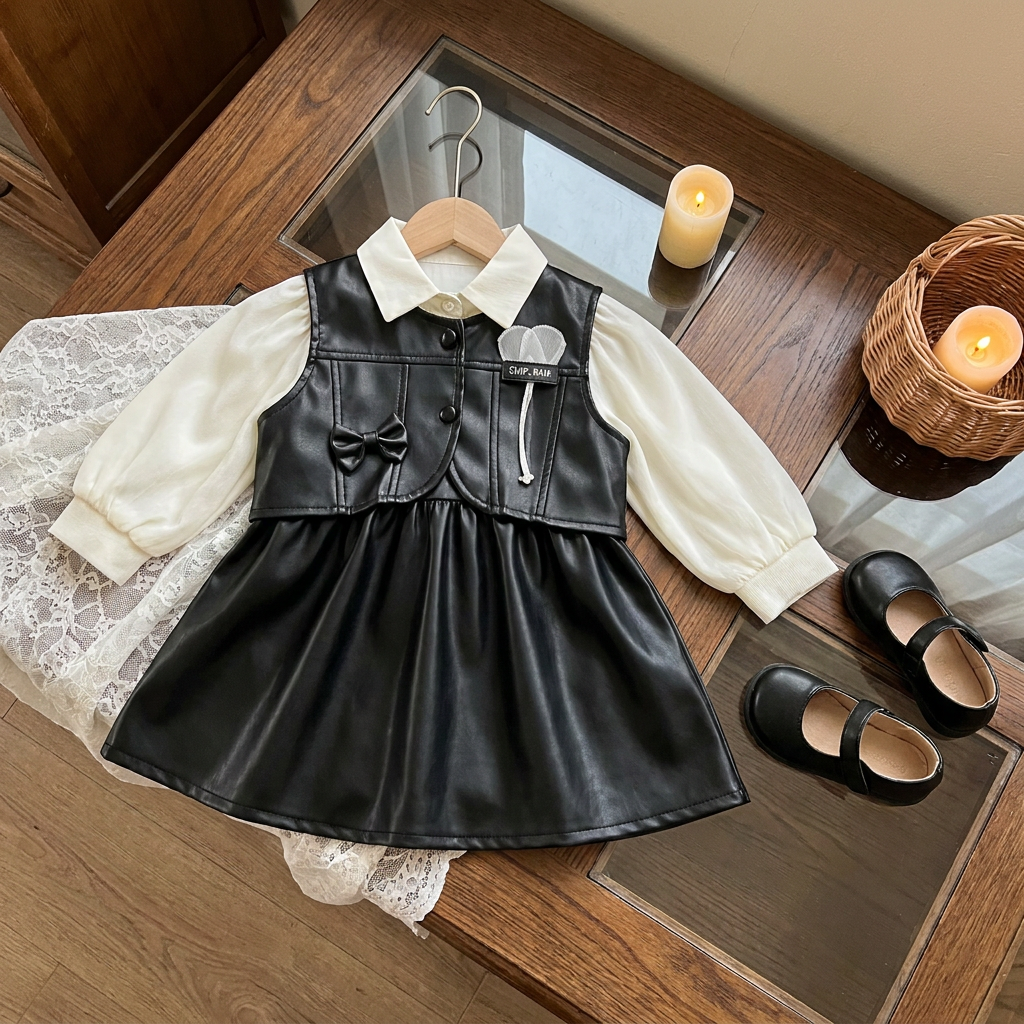Black leather-look girls jacket and gathered frock set laid flat, featuring a Cream pointed-collar long-sleeve top, curved button front and small bow detail.