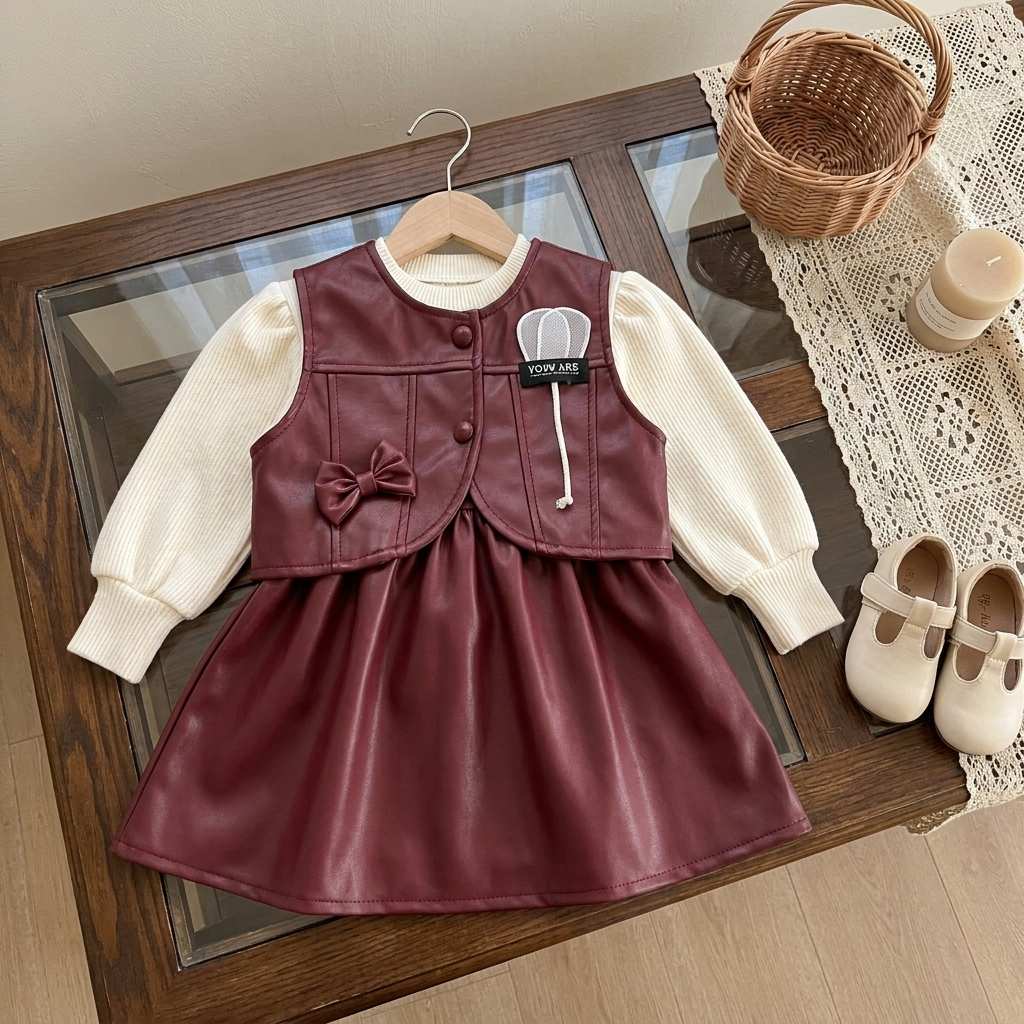 Maroon leather-look girls jacket and frock 2pc set displayed flat, with a Cream ribbed round-neck puff-sleeve top, front buttons and matching bow.