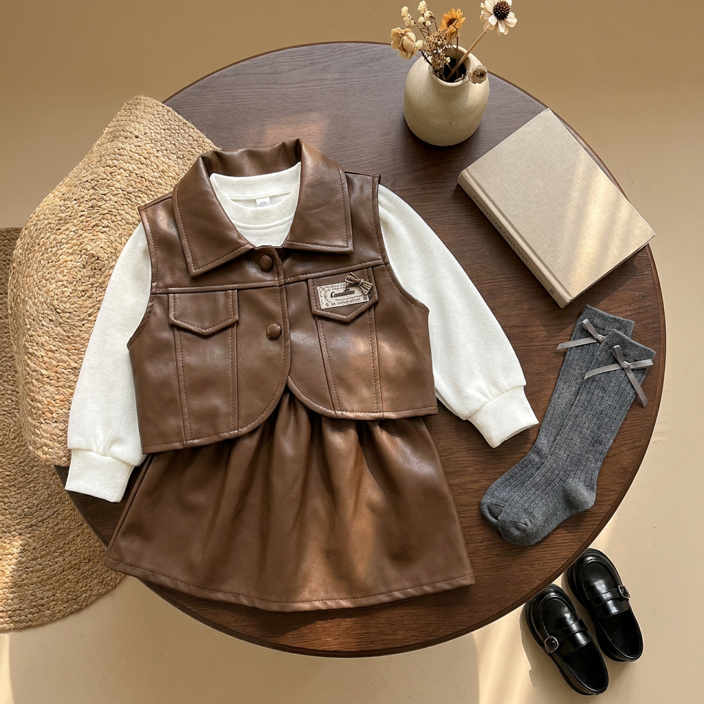 Brown girls leather-look sleeveless jacket and flared frock set with Cream long sleeves, decorative pocket flaps and curved jacket hem.