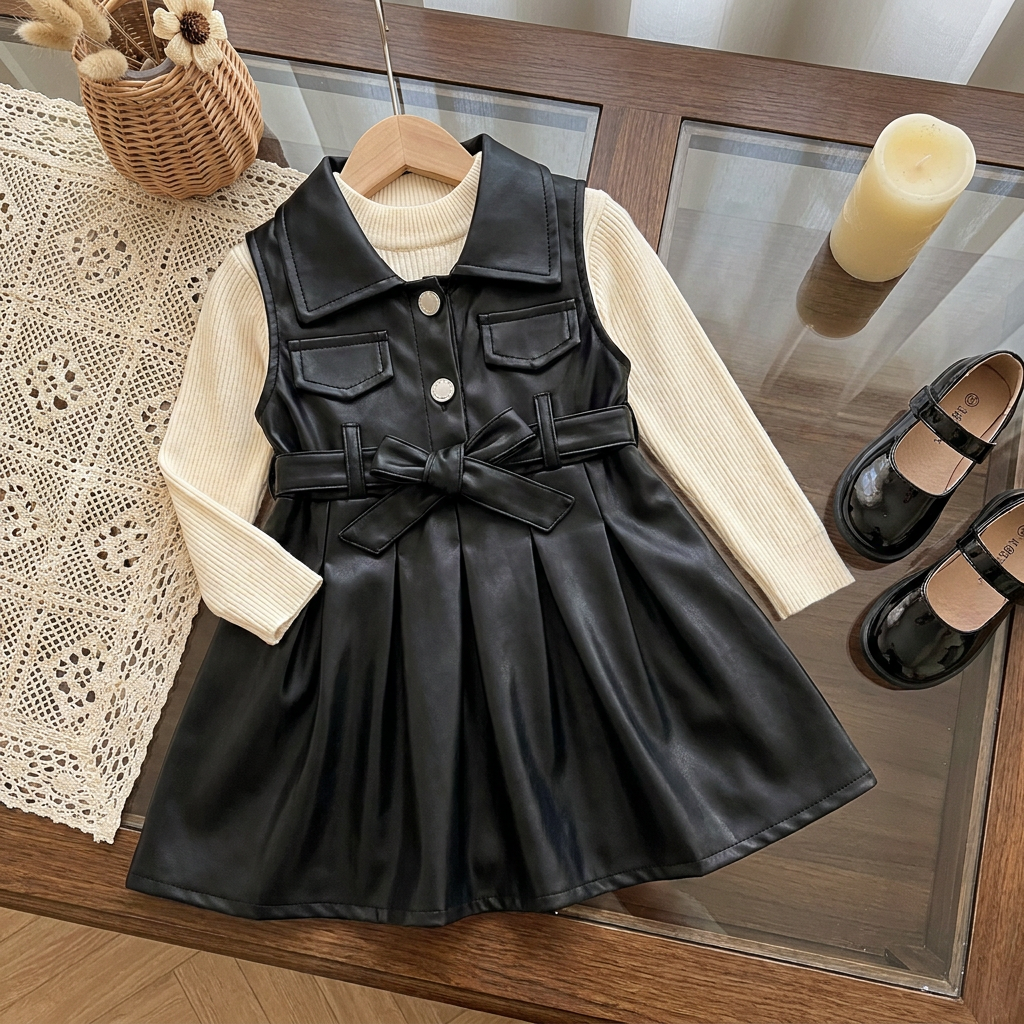 Black leather-look girls pinafore frock with Cream ribbed long-sleeve shirt, pointed collar, chest pocket flaps and bow belt, displayed flat on a glass table.