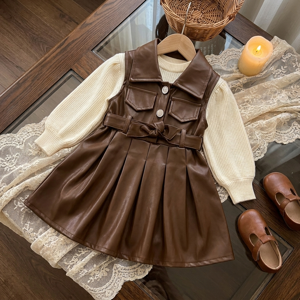 Brown leather-look girls frock with Cream long-sleeve ribbed shirt, photographed flat to show the bow waist belt, pocket flaps and full pleated hem.