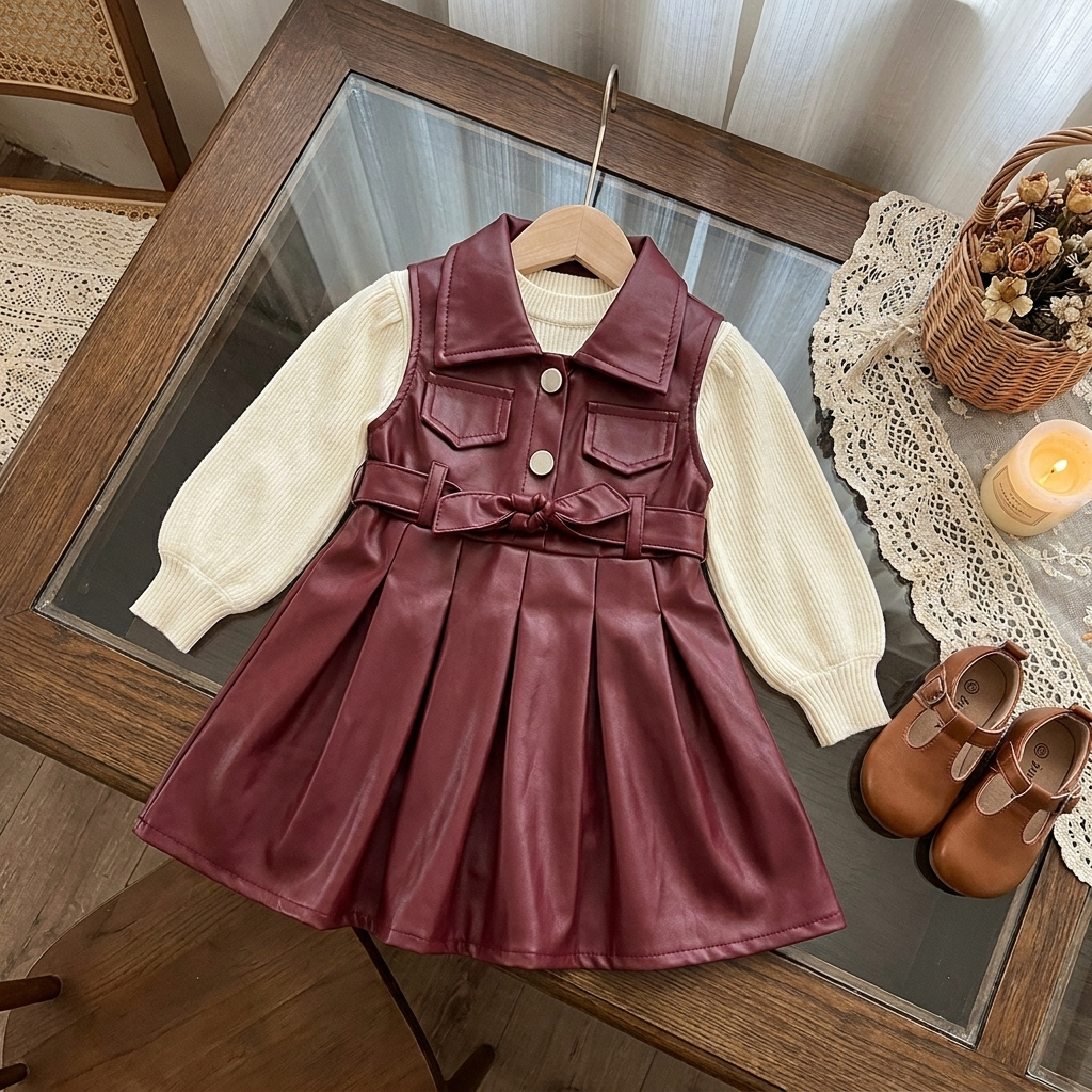 Maroon leather-look pinafore frock and Cream ribbed shirt 2pc girls set, shown flat with wide collar, two front buttons, flap pockets and pleated skirt.