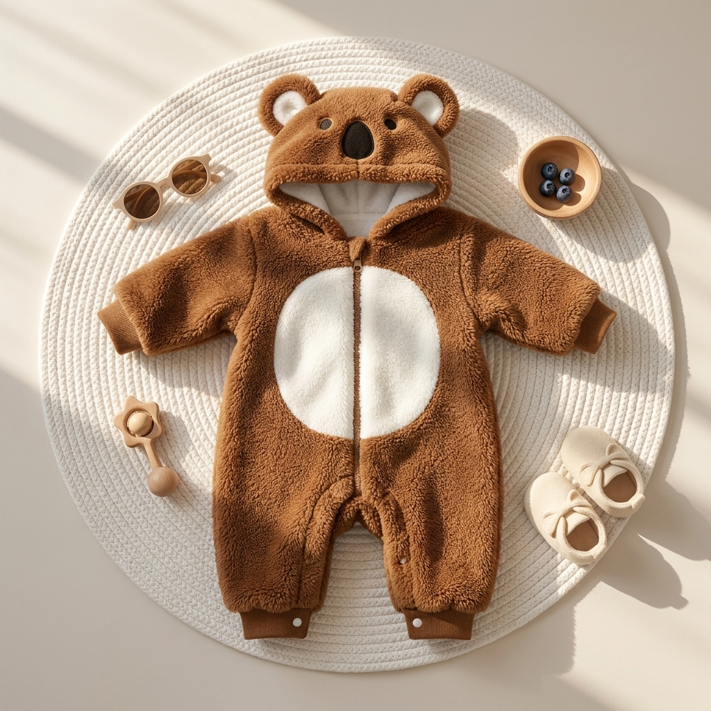 Brown baby koala face hooded plush romper laid flat on a round cream rug, showing rounded ears, Black oval nose, White tummy panel and front zip.