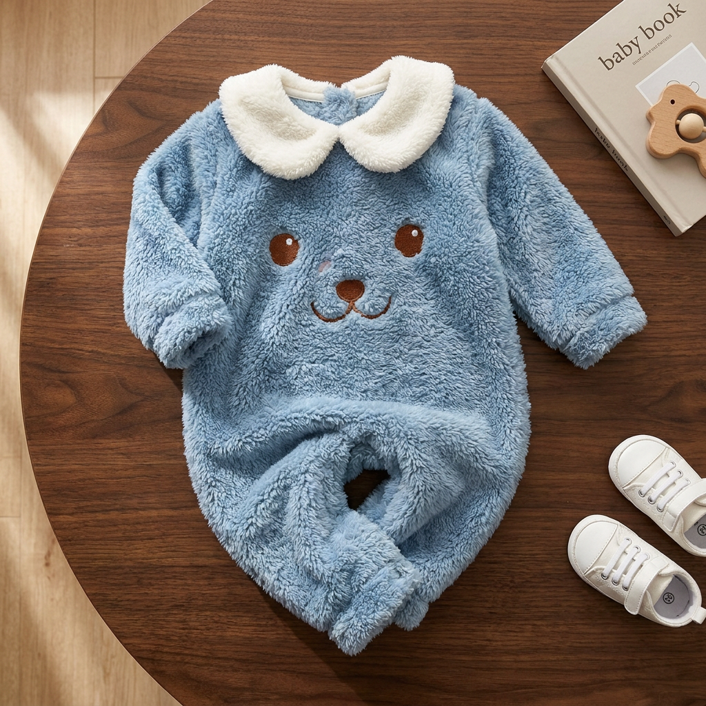 Blue baby plush bear-face romper laid flat on a wood table, showing the White rounded collar, stitched face detail and long covered legs.