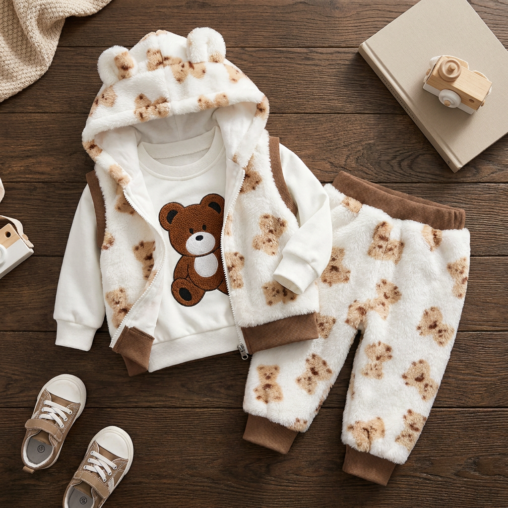 White and Brown teddy print shaggy 3pc suit laid flat, showing bear-ear hooded zip jacket, teddy graphic shirt and matching cuffed trousers.