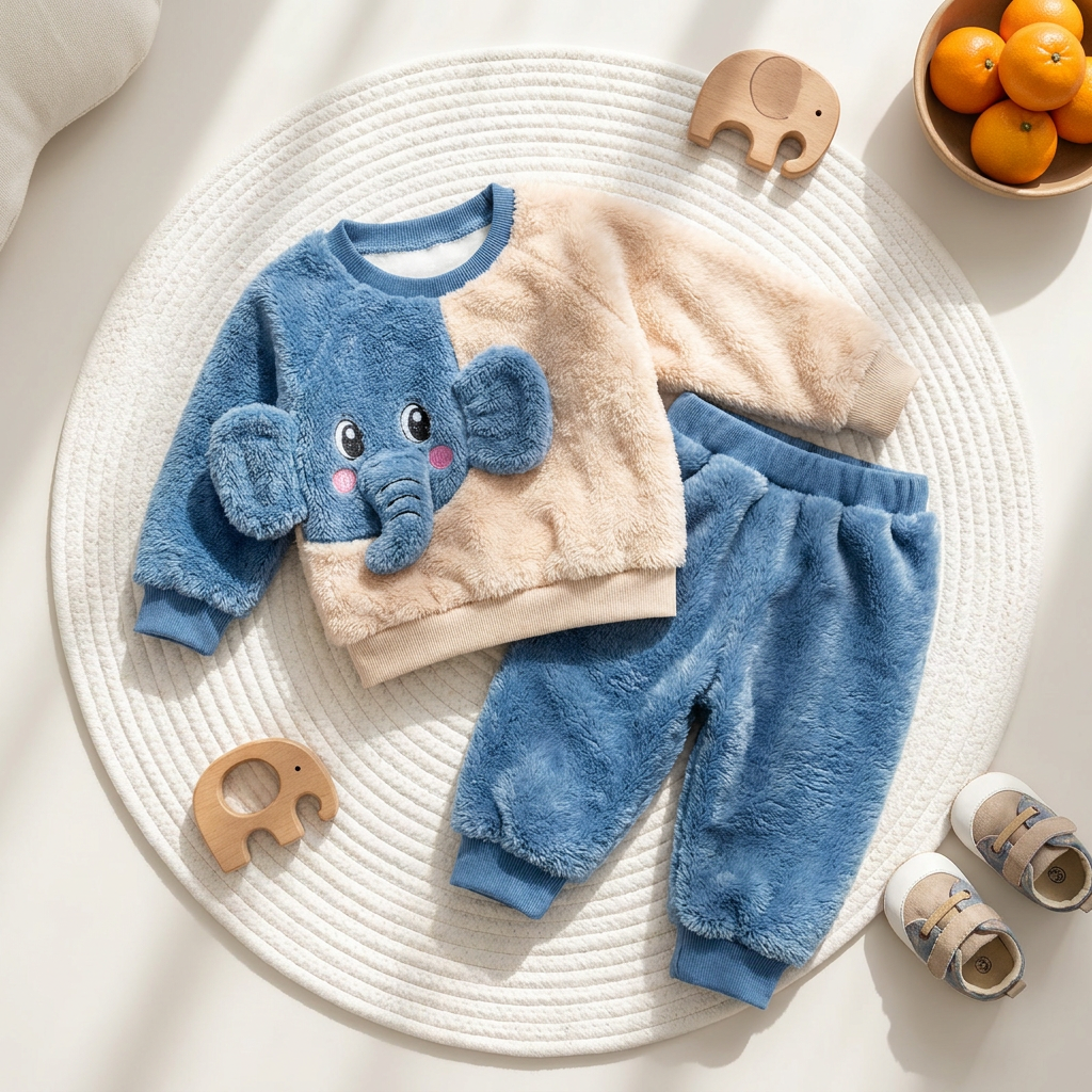 Blue and Beige kids shaggy shirt and trouser 2PC suit laid flat, featuring a raised Blue elephant face with large ears and trunk on the colour-block shirt.