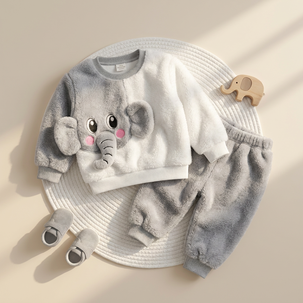 Grey and White kids shaggy shirt and trouser 2PC suit laid flat, showing the fluffy Grey elephant face applique, elastic-waist trousers and ribbed cuffs.