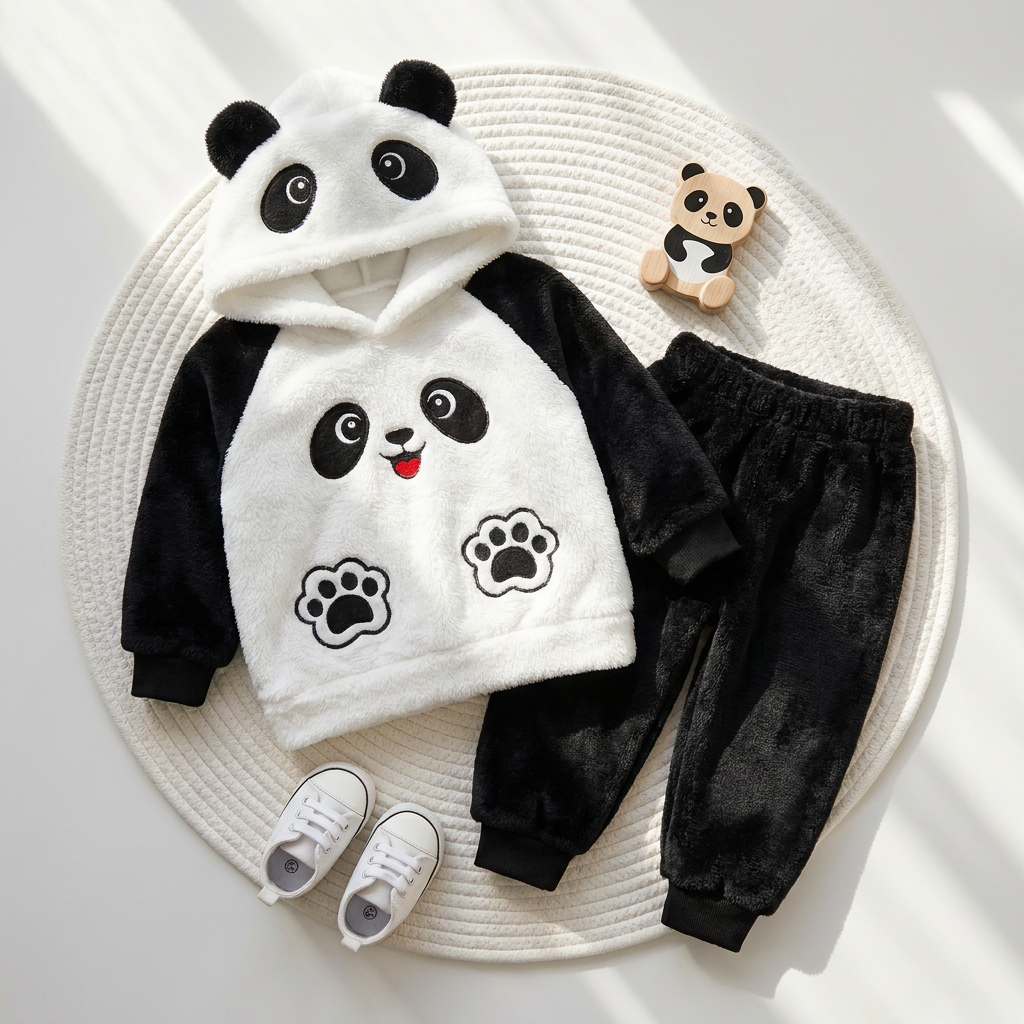 Flat lay of the Black and White kids panda shaggy suit with panda-face ear hoodie and matching Black cuffed trousers on a round woven mat.