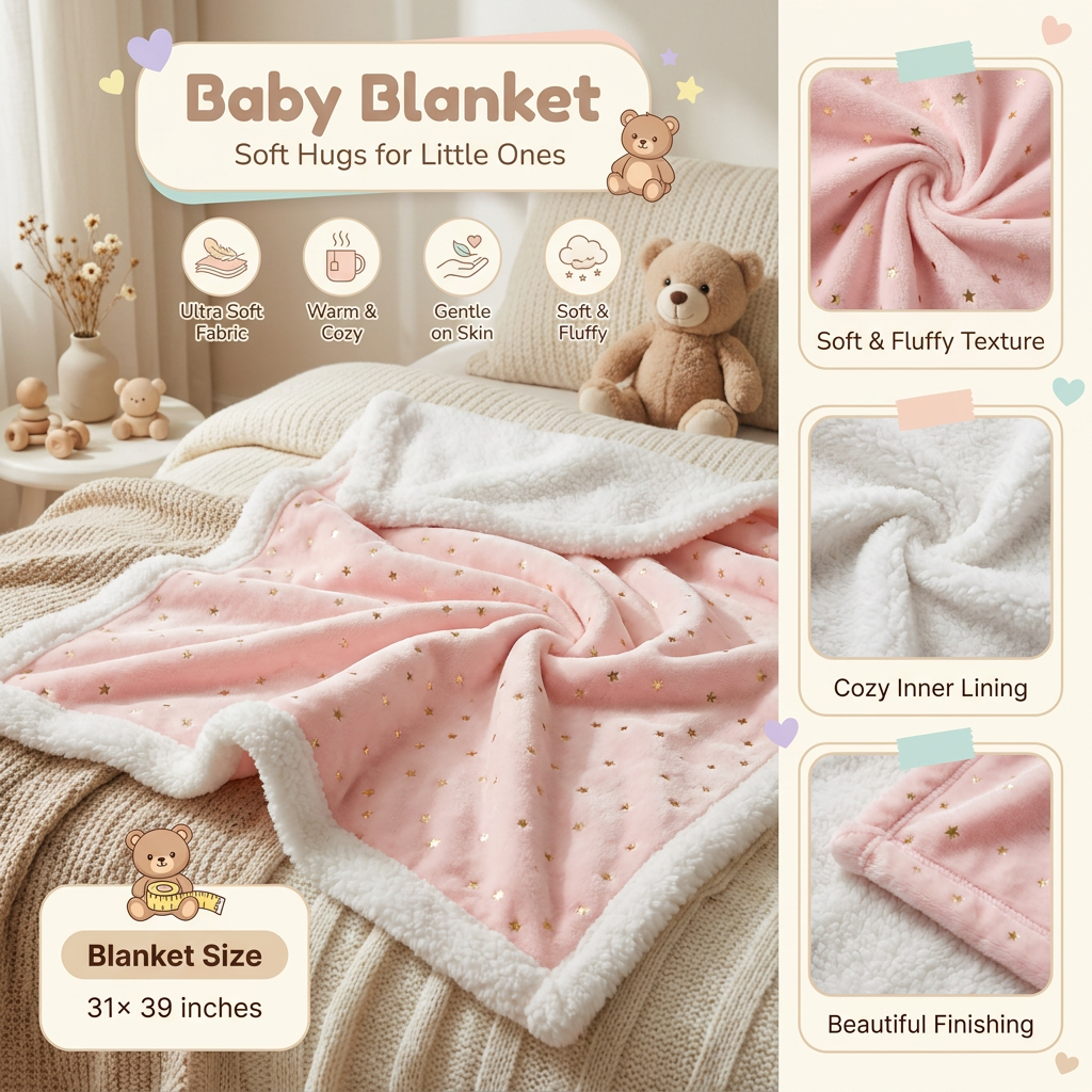 Baby blanket feature graphic showing the Pink Gold star design, fluffy White inner lining, finished edge and 31 x 39 inches blanket size.