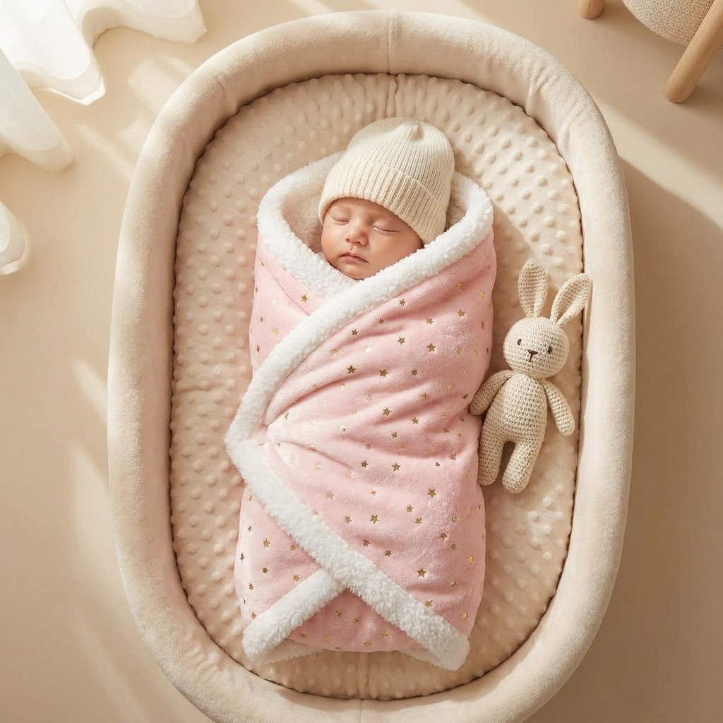 Pink Gold star baby blanket wrapped around a sleeping baby in an oval cushioned nest, with White fluffy edging visible.