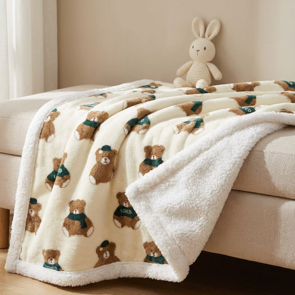 Cream baby blanket with repeating teddy bear and Green scarf print draped over a sofa, revealing the thick White shaggy reverse.
