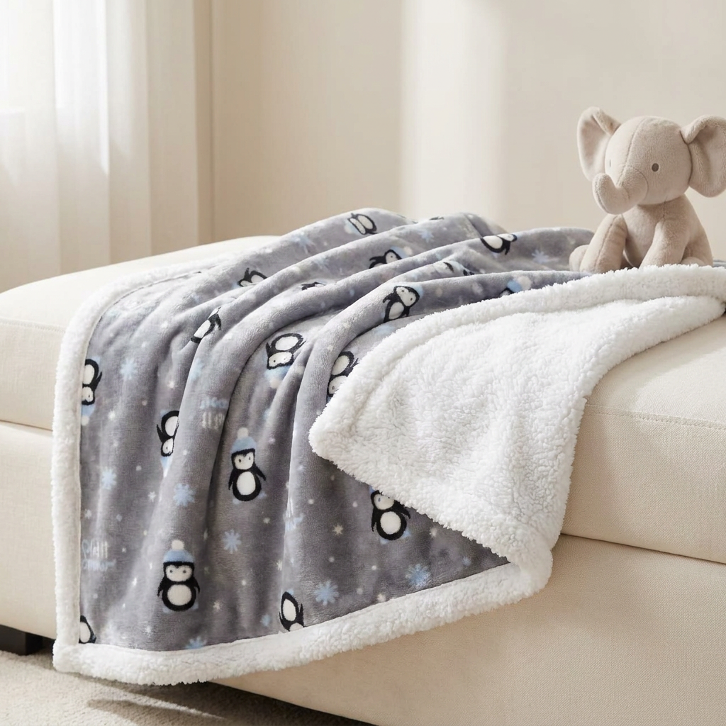 Grey penguin and snowflake-print baby shaggy soft blanket draped over a cream sofa with fluffy White trim and reverse.