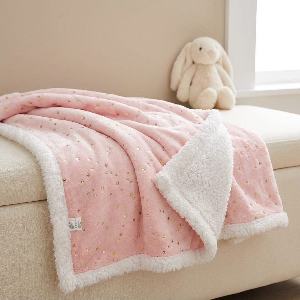 Pink baby blanket draped over a cream sofa, showing scattered Gold stars, fluffy White border and turned-back plush White reverse.