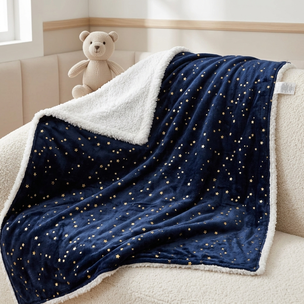 Navy Blue baby blanket displayed on a cream sofa with all-over small Gold stars, soft White fluffy reverse and matching edge trim.