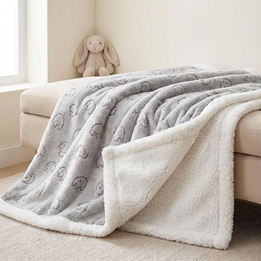 Light Grey raised elephant-pattern baby shaggy soft blanket draped over a sofa with a thick White plush-look reverse.