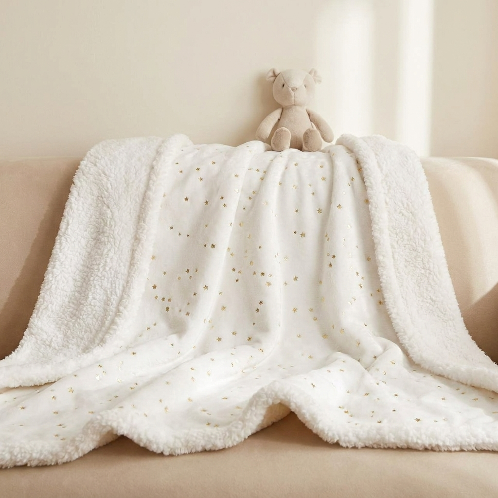 White baby blanket spread across a sofa, featuring delicate Gold star details, a thick fluffy White reverse and plush border.