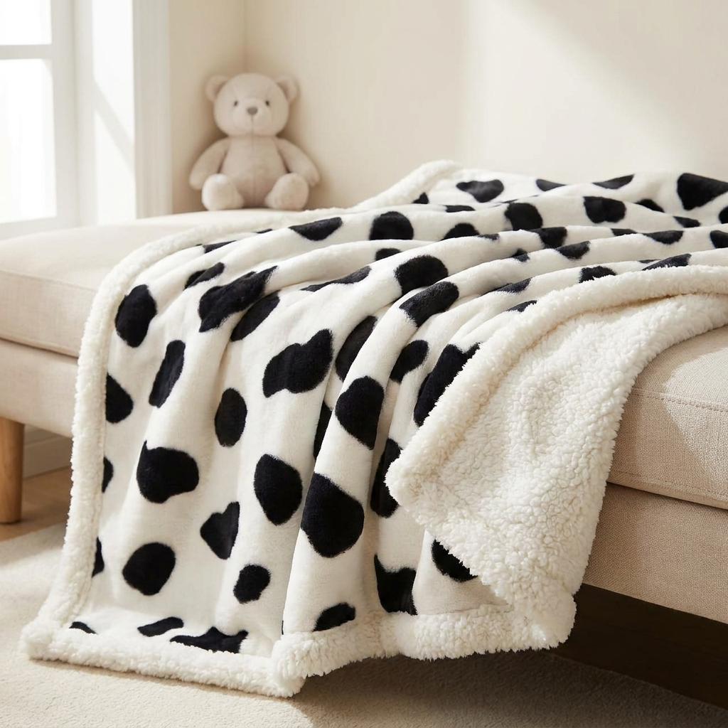 Black and White cow-spot baby shaggy soft blanket displayed over a cream sofa, with fluffy White border and lining.