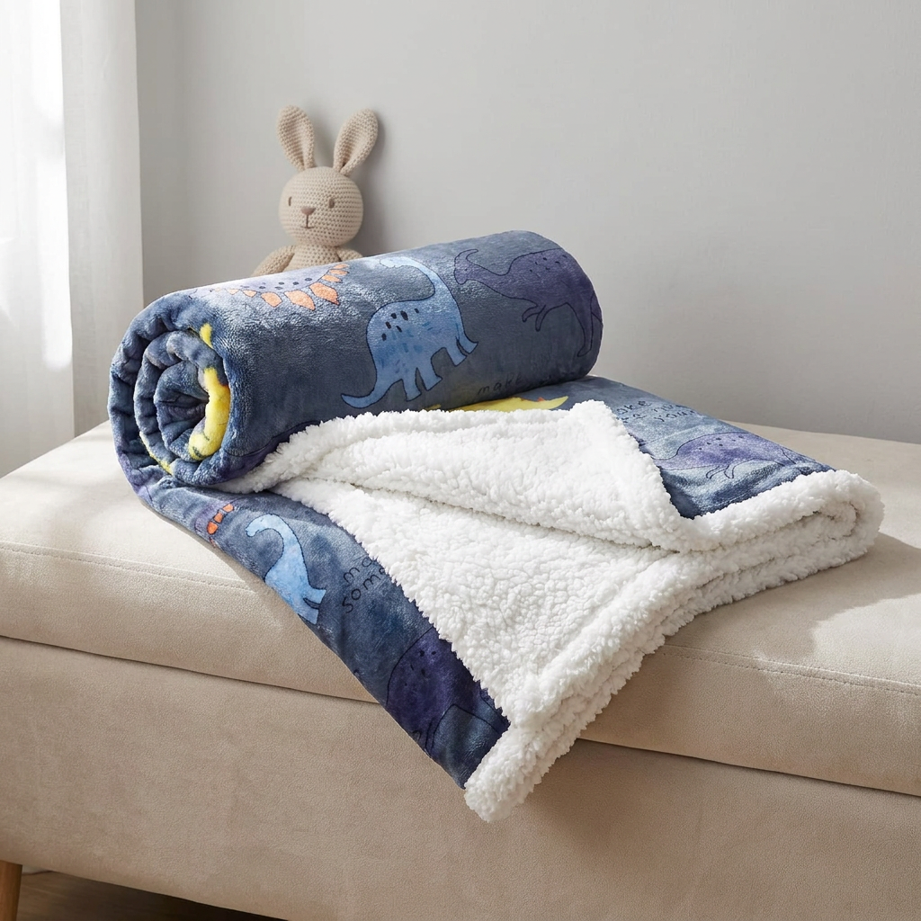Blue dinosaur-print baby shaggy soft blanket rolled beside its folded White fluffy reverse layer on a sofa.