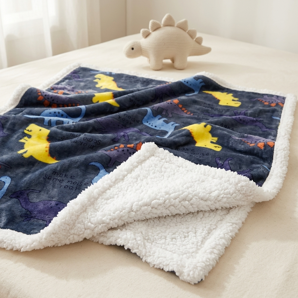 Blue dinosaur-print baby shaggy soft blanket spread on a bed, showing colourful dinosaurs and its fluffy White reverse lining.