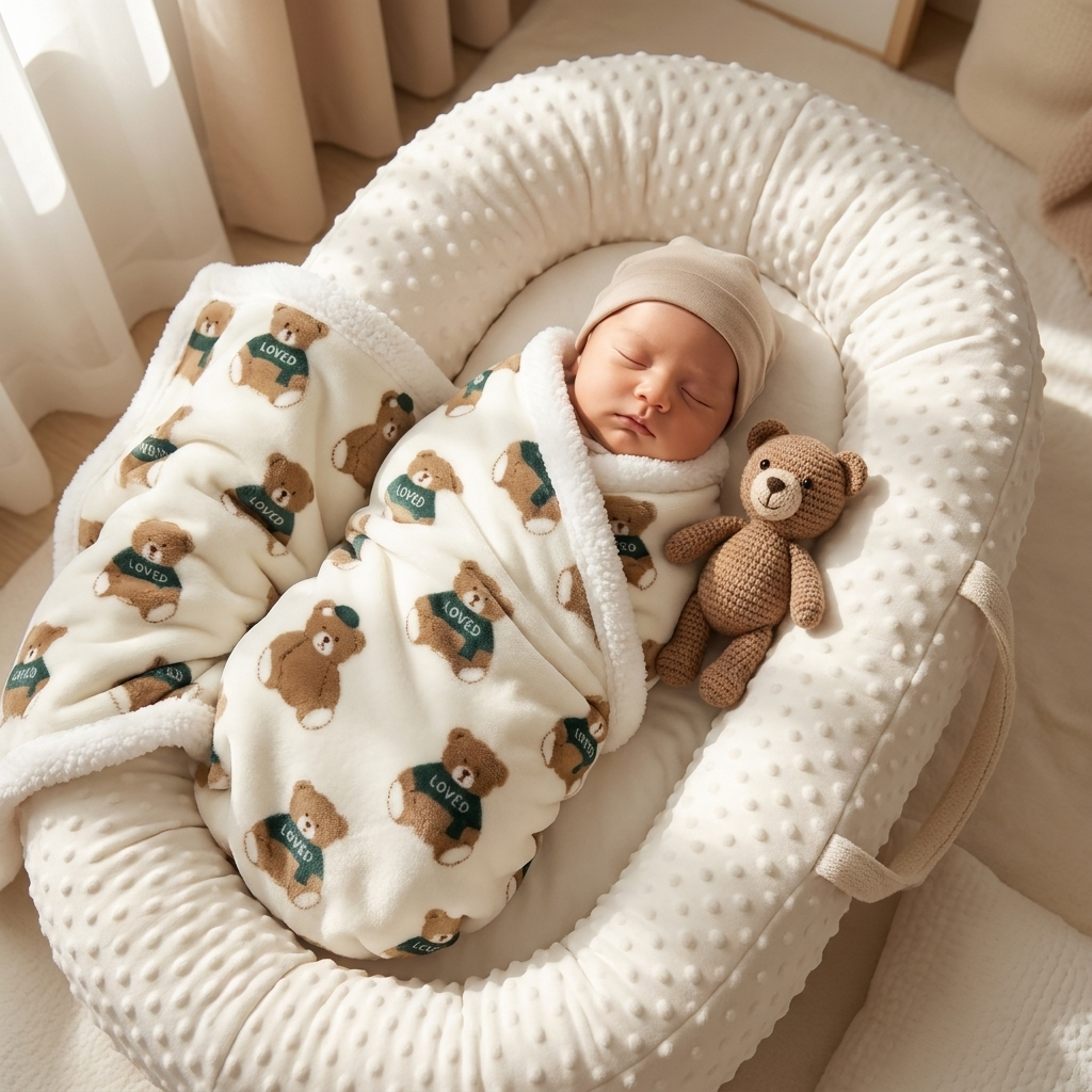 Cream teddy bear-print baby shaggy soft blanket wrapped around a sleeping baby, with fluffy White edging and bear motifs.