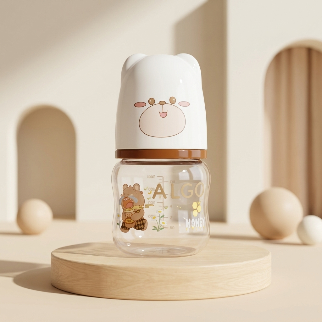 Brown baby feeding bottle displayed with a white bear-face protective cover, honey bear print and visible 60 ml measurement markings.