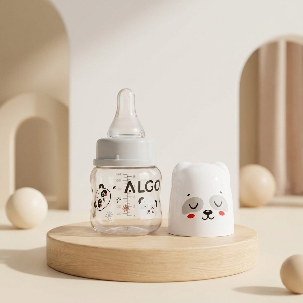 Grey panda-print baby feeding bottle with clear teat and matching sleepy animal-face cover shown separately beside it.