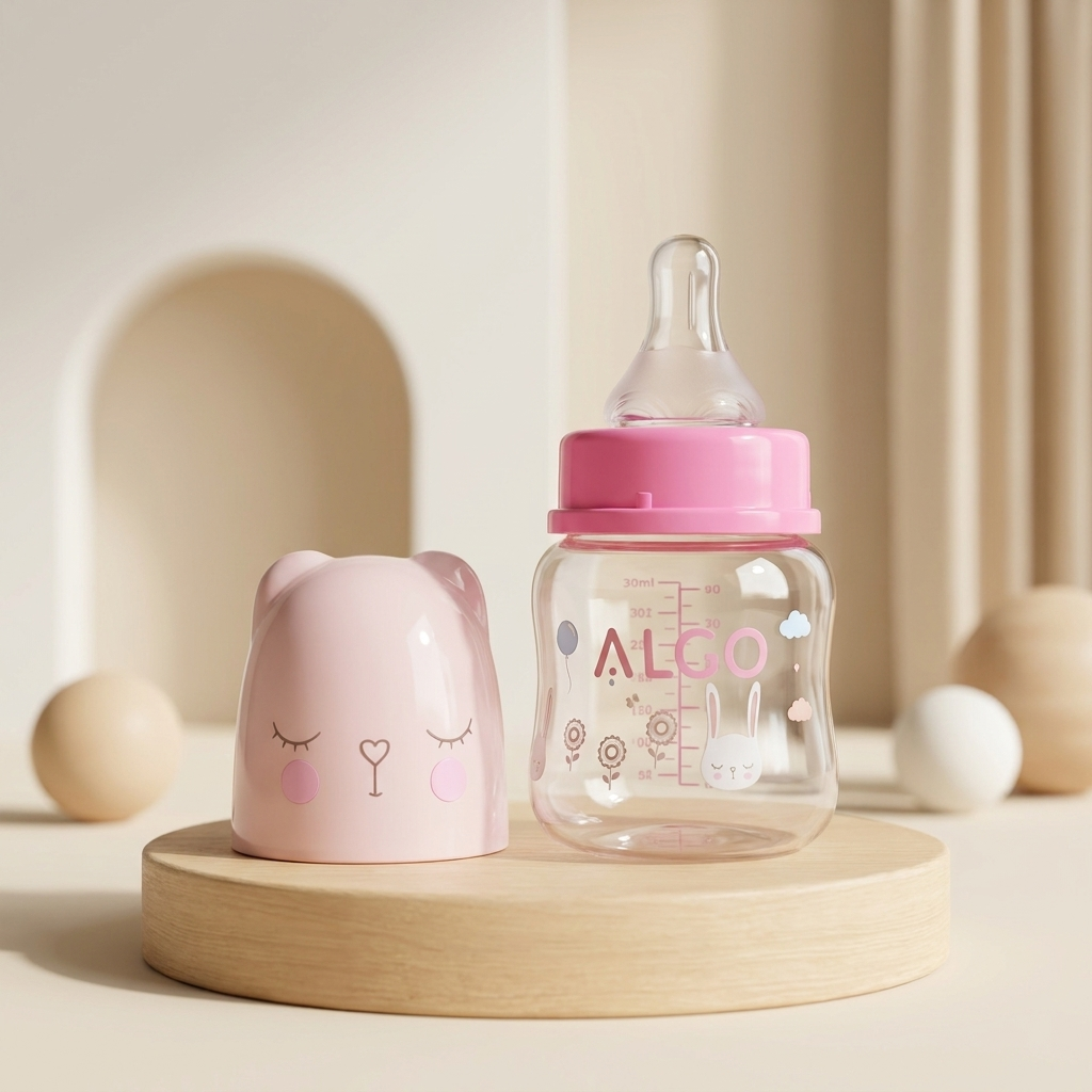 Pink baby feeding bottle with clear teat, bunny-and-flower print and a pink closed-eye cat-style protective cover.