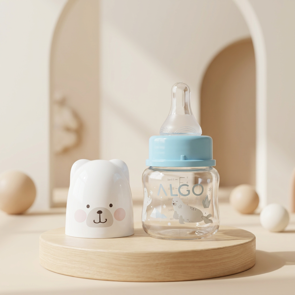 Blue baby feeding bottle with clear teat, animal print and a white bear-face protective cover displayed side by side.