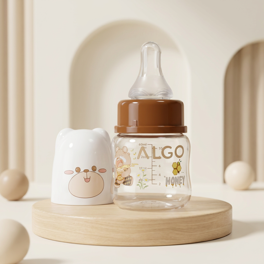 Brown honey bear baby feeding bottle with clear teat and matching white bear-face cover, shown on a wooden display stand.