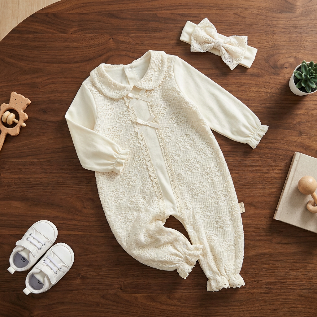 Cream baby long-sleeve romper displayed flat on a wooden surface with textured floral knit-look front panel, rounded collar, bow detail and matching oversized bow headband.