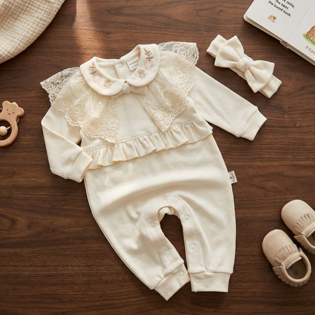 Cream baby long-sleeve romper with embroidered Peter Pan collar, lace-look upper overlay, waist ruffle and matching oversized bow headband laid flat on a wooden surface.